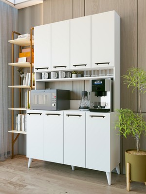 Montenero Çok Amaçlı Dolap Parlak Beyaz Kahve Köşesi 8 Kapaklı Dolap Kare