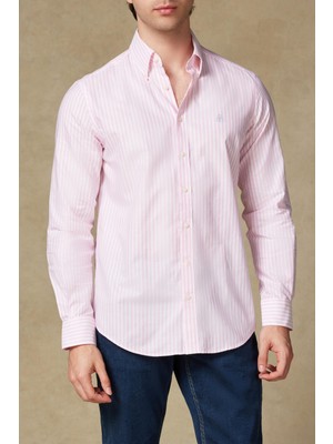 Abbate Luca Oxford Pamuklu Comfort Fit Pembe Düğmeli Yaka Erkek Çizgili Gömlek