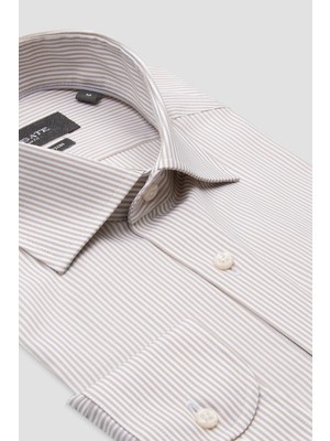 Abbate Marco Poplin Pamuklu Slim Fit Krem Klasik Yaka Erkek Çizgili Gömlek