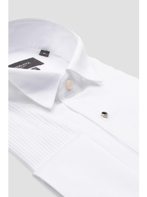 Abbate Reale Saten Pamuklu Slim Fit Beyaz Ata Yaka Erkek Düz Gömlek