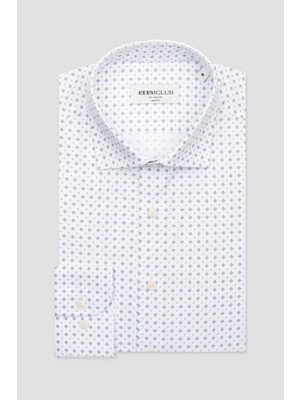 Bb Club Oscar Poplin Pamuklu Slim Fit Beyaz Klasik Yaka Erkek Baskılı Gömlek