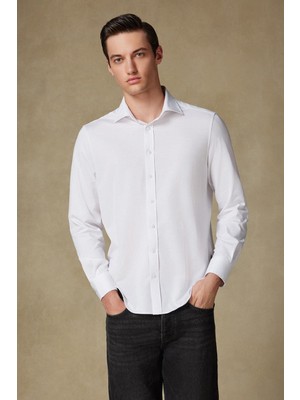 Abbate Floransa Örme Kumaş Pamuk Karışımlı Comfort Fit Beyaz Klasik Yaka Erkek Düz Gömlek