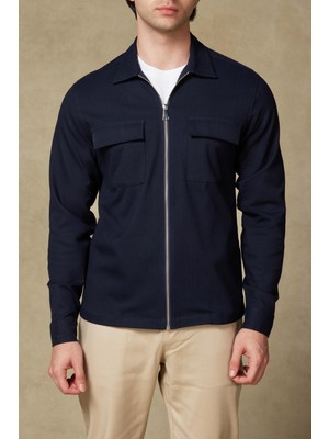 Abbate Verso Twill Overshirt Polyviskon Karışımlı Overshirt Fit Lacivert Klasik Yaka Erkek Çizgili Gömlek