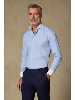 Abbate Sartoria Poplin Stretch Pamuk Karışımlı Slim Fit Mavi Italyan Yaka Erkek Düz Gömlek