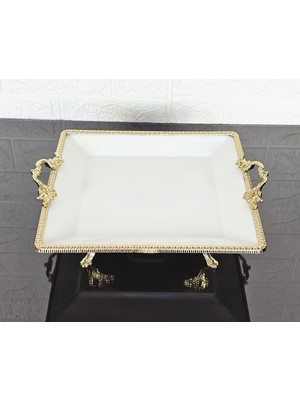 UltraMint Büyük Porselen Kare Servis Tabağı, Gold Çerçeve, 4 Ayak, 27 cm