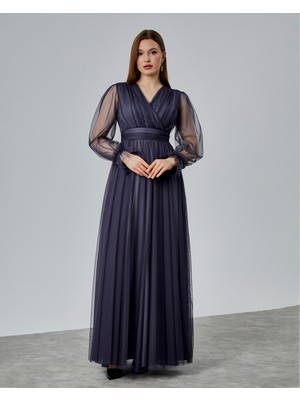 Asees Önü Kruvaze Uzun Kol Esnek Tül Abiye Elbise