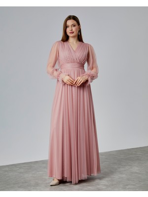 Asees Önü Kruvaze Uzun Kol Esnek Tül Abiye Elbise