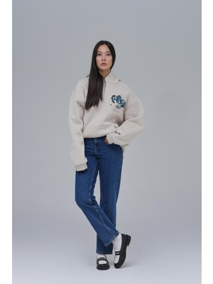 Saw Urbanity Mosaic Portrait Oversize Sweatshirt Kadın Stone
