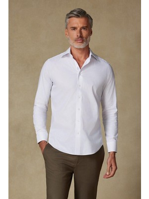 Abbate Sartoria Poplin Stretch Pamuk Karışımlı Slim Fit Beyaz Italyan Yaka Erkek Düz Gömlek