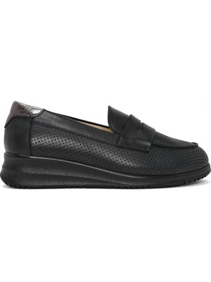 Derimod Kadın Siyah Dolgu Topuklu Deri Comfort Loafer 26PFD410418