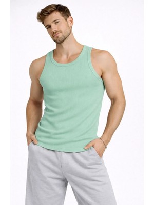 Erkek Fitilli Atlet Sıfır Yaka Slim Fit Arka Baskılı Spor Atlet - Mint Yeşili