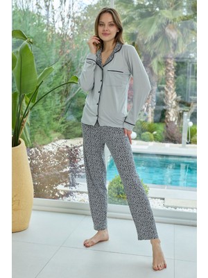 Remsa Kadın Leopar Desenli Önü Düğmeli Yumuşak Milan Kumaş Pijama Takımı 250347-2 Mint