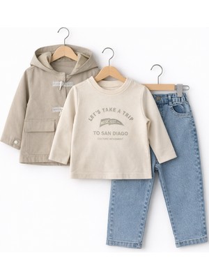 Bambino Kapüşonlu Trenç Mont, Sweatshirt, Jean Pantolon 3’lü Takım