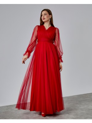 Asees Önü Kruvaze Uzun Kol Esnek Tül Abiye Elbise