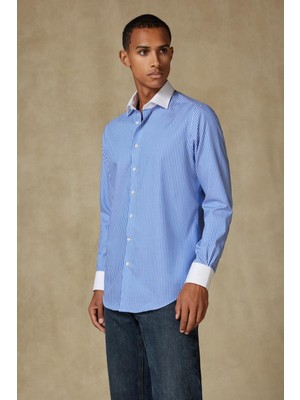 Abbate Grant Non Iron Twill Pamuklu Slim Fit Koyu Mavi Klasik Yaka Erkek Çizgili Gömlek