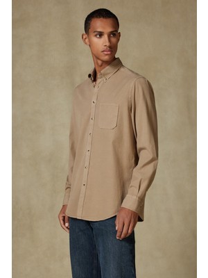 Abbate Federico Dokuma Tencel (Lyocell) Comfort Fit Bej Düğmeli Yaka Erkek Düz Gömlek