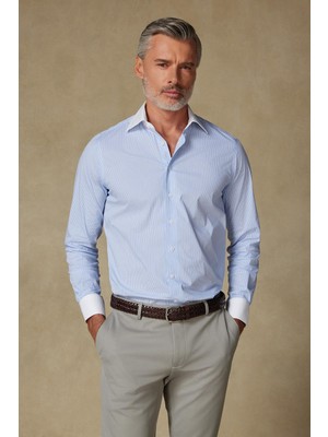 Abbate Sartoria Poplin Stretch Pamuk Karışımlı Slim Fit Açık Mavi Italyan Yaka Erkek Çizgili Gömlek