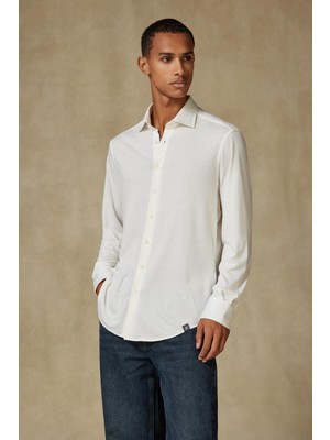 Abbate Lorenzo Jersey Viskon Karışımlı Comfort Fit Ekru Klasik Yaka Erkek Düz Gömlek