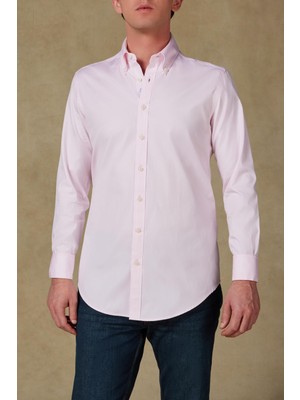 Abbate Carlo Royal Oxford Pamuklu Slim Fit Pembe Düğmeli Yaka Erkek Düz Gömlek