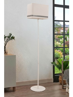 Marrien Corner Krem Dikdörtgen Başlıklı Lambader - 145 cm Tek Ayaklı Luxury Desenli Metal Köşe Lambası
