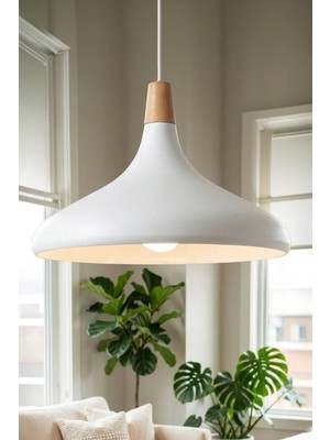 Marrien Nova Bohem Ahşap Beyaz Metal Sarkıt (35 cm)  Yemek Masası Üstü Avize