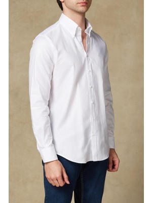 Abbate Luca Oxford Pamuklu Comfort Fit Beyaz Düğmeli Yaka Erkek Düz Gömlek