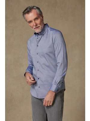 Abbate Carlo Royal Oxford Pamuklu Slim Fit Mavi Düğmeli Yaka Erkek Düz Gömlek