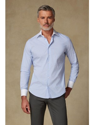 Abbate Sartoria Poplin Stretch Pamuk Karışımlı Slim Fit Açık Mavi Italyan Yaka Erkek Çizgili Gömlek