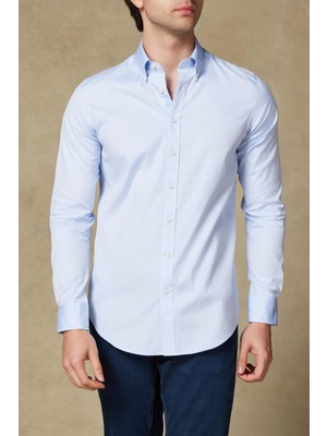 Abbate Carlo Royal Oxford Pamuklu Slim Fit Açık Mavi Düğmeli Yaka Erkek Düz Gömlek