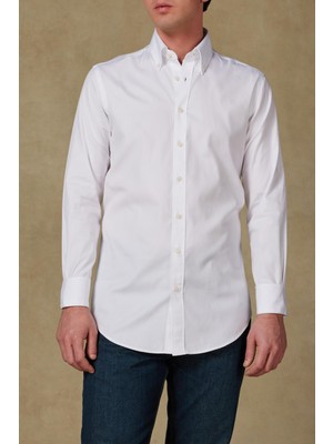 Abbate Carlo Royal Oxford Pamuklu Slim Fit Beyaz Düğmeli Yaka Erkek Düz Gömlek