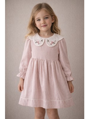 Danuna Kids Yakası Çiçek Nakışlı  Pamuk Astarlı Tül Detaylı  Uzun Kollu Vintage Elbise -Pudra Pembe