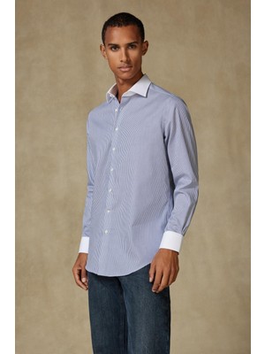 Abbate Grant Non Iron Twill Pamuklu Slim Fit Lacivert Klasik Yaka Erkek Çizgili Gömlek
