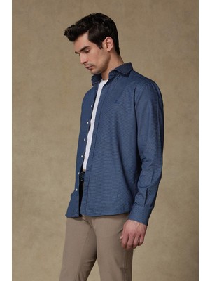 Abbate Donatello Denim Pamuklu Comfort Fit Lacivert Klasik Yaka Erkek Baskılı Gömlek