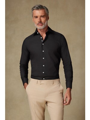 Abbate Sartoria Poplin Stretch Pamuk Karışımlı Slim Fit Siyah Italyan Yaka Erkek Düz Gömlek