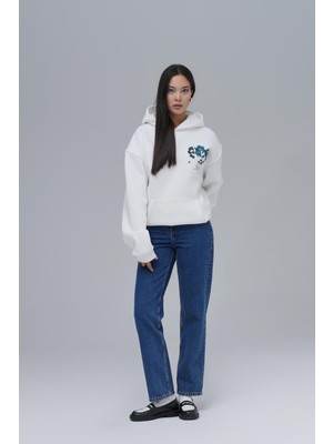 Saw Urbanity Mosaic Portrait Oversize Sweatshirt Kadın Ekru