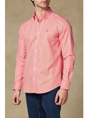 Abbate Luca Oxford Pamuklu Comfort Fit Pembe Düğmeli Yaka Erkek Kareli Gömlek