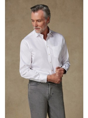 Abbate Leonardo Saten Pamuklu Comfort Fit Beyaz Klasik Yaka Erkek Düz Gömlek