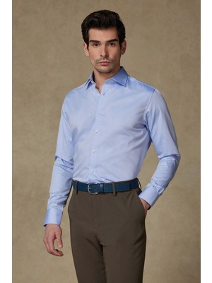 Abbate Donatello Armür Pamuklu Slim Fit Açık Mavi Klasik Yaka Erkek Desenli Gömlek