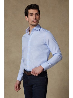 Abbate Donatello Non Iron Poplin Pamuklu Slim Fit Açık Mavi Klasik Yaka Erkek Çizgili Gömlek