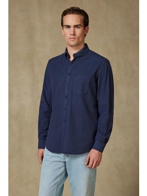 Abbate Federico Dokuma Tencel (Lyocell) Comfort Fit Lacivert Düğmeli Yaka Erkek Düz Gömlek