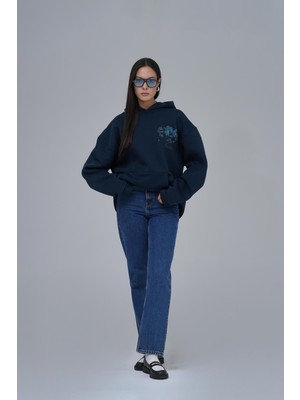 Saw Urbanity Mosaic Portrait Oversize Sweatshirt Kadın Indigo