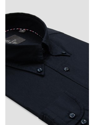 Abbate Luca Oxford Stretch Pamuk Karışımlı Comfort Fit Lacivert Düğmeli Yaka Erkek Düz Gömlek