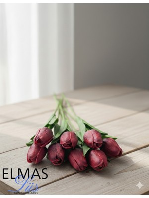 E Elmas Bordo Islak Lale Demeti 8 Adet Gerçekçi Görünüm