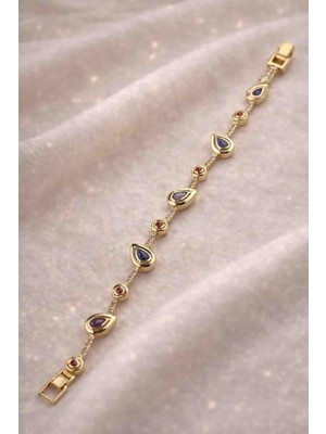 Stainless Steel Gold Renk Damla Taşlı Kadın Bileklik | Çok Renkli Taş Detaylı Şık Bileklik