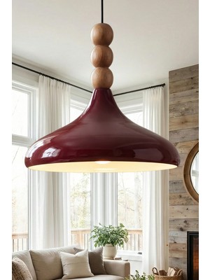 Marrien Nova Bohem Ahşap 3 Boncuklu Bordo Metal Sarkıt (35 cm)  Yemek Masası Üstü Avize