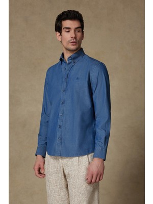 Abbate Matteo Denim Pamuklu Comfort Fit Lacivert Düğmeli Yaka Erkek Düz Gömlek