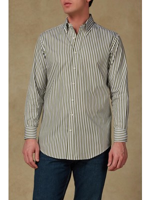 Abbate Carlo Twill Pamuklu Slim Fit Haki Düğmeli Yaka Erkek Çizgili Gömlek