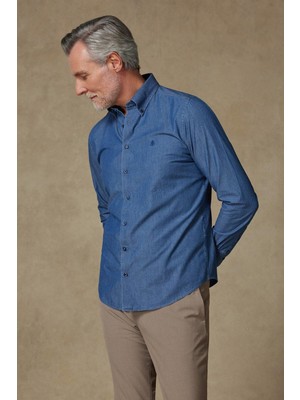 Abbate Carlo Denim Pamuklu Slim Fit Koyu Mavi Düğmeli Yaka Erkek Düz Gömlek