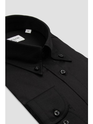 Bb Club Mike Oxford Pamuk Polyester Regular Fit Siyah Düğmeli Yaka Erkek Düz Gömlek