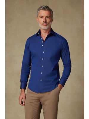 Abbate Sartoria Poplin Stretch Pamuk Karışımlı Slim Fit Lacivert Italyan Yaka Erkek Düz Gömlek